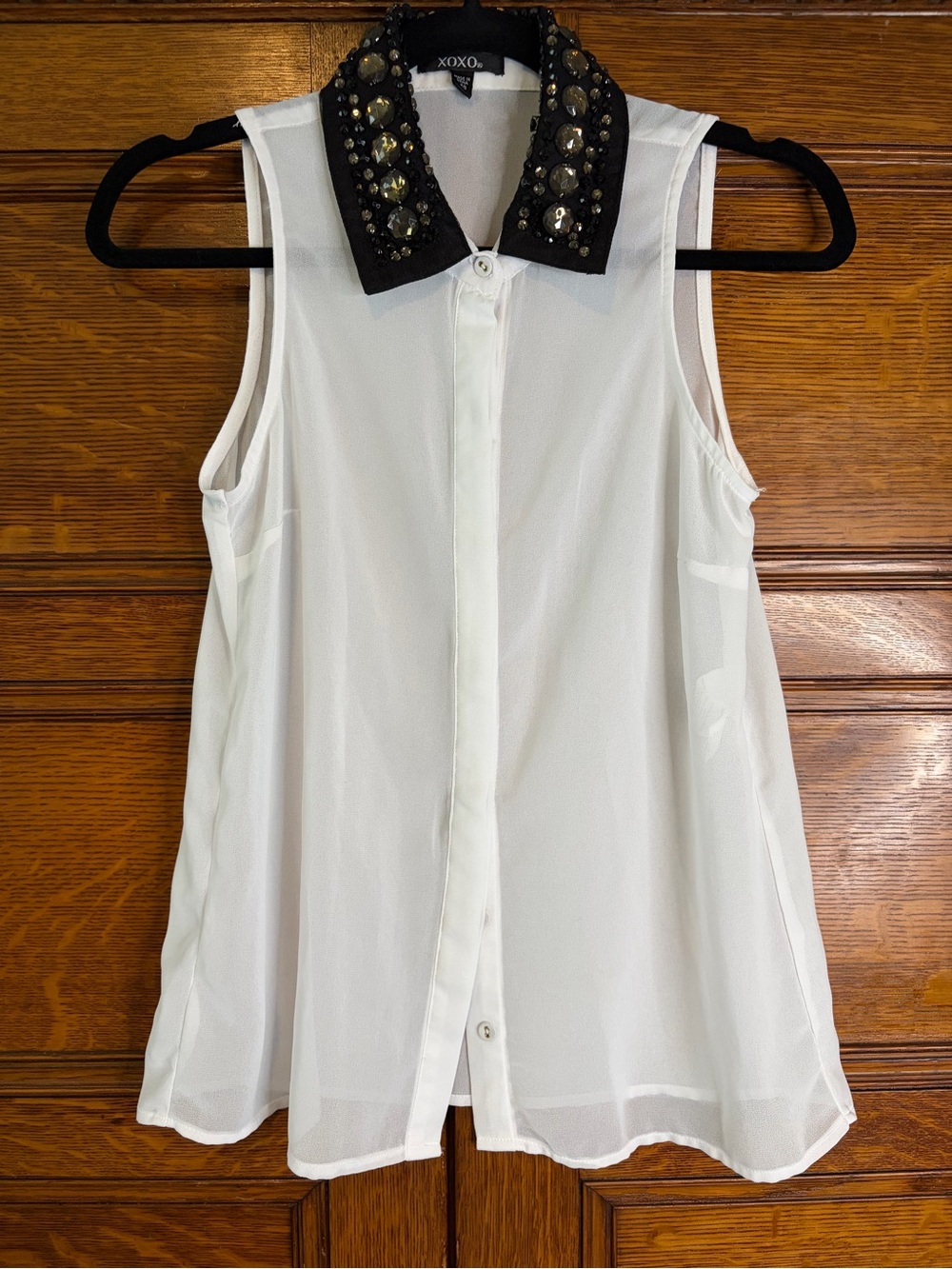 XOXO XS sheer sleeveless  button up blouse with bejeweled collar GUC